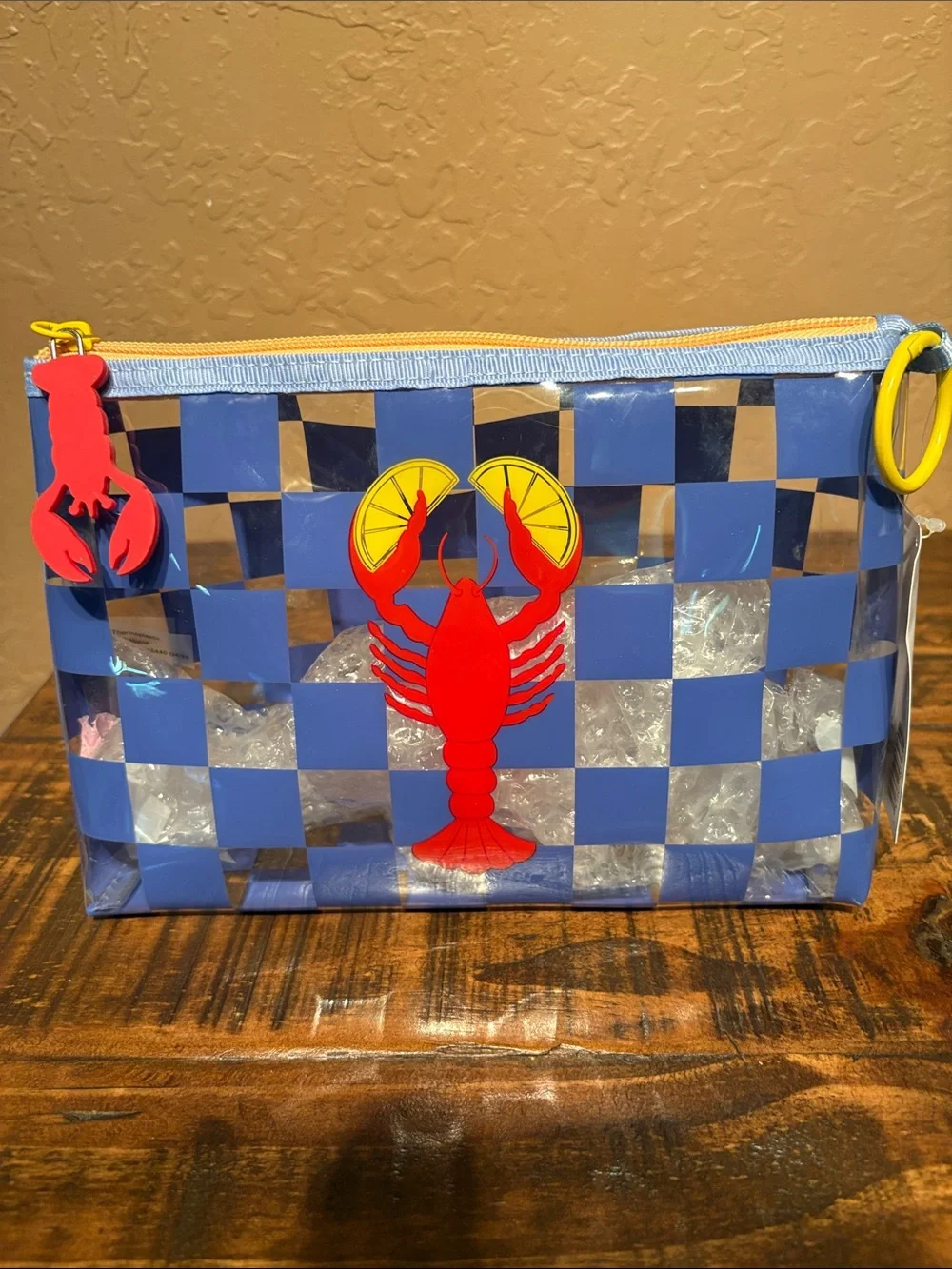 NWT Clear Checkered Lobster Cosmetic Bag with 8 Piece Brush Set & Holder